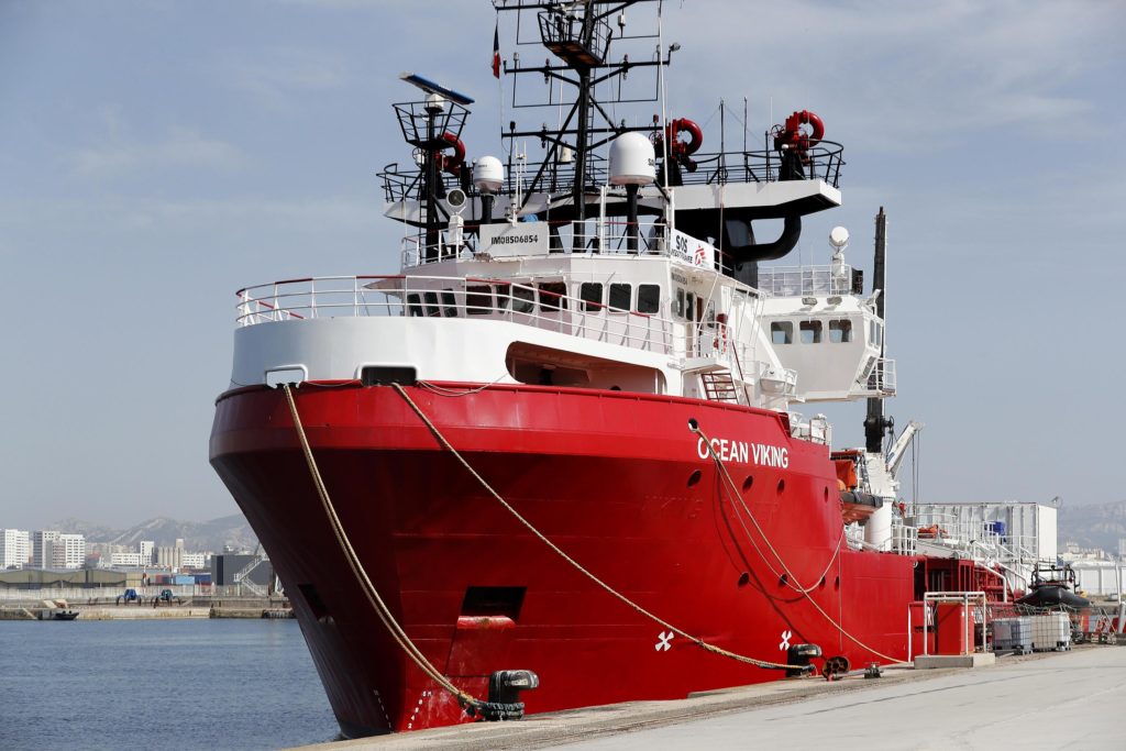 epa07752331 The new rescue vessel 'Ocean Viking' of the French NGO SOS Mediterranee and Doctors Without Borders is moored in the port of Marseille, France, 01 August 2019. EPA/SEBASTIEN NOGIER