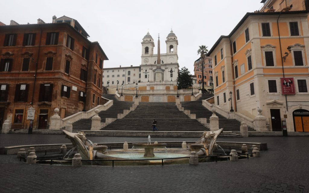 ROME, ITALY - MARCH 13: The Spanish Steps are seen completely empty on March 13, 2020 in Rome, Italy. Rome's streets were eerily quiet on the second day of a nationwide shuttering of schools, shops and other public places. Italy has more than 15,000 confirmed cases of COVID-19 and over a thousand related deaths. (Photo by Marco Di Lauro/Getty Images)