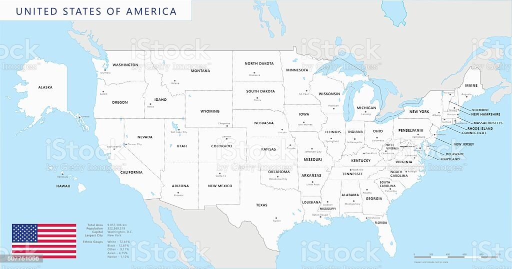 Silhouette and colored united states map with names and capitals background