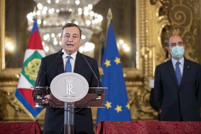 Former President of the European Central Bank Mario Draghi delivers a speech after a meeting with Italian President Sergio Mattarella at the Quirinale Palace for consultations to form new government following the resignation of Prime Minister Giuseppe Conte, in Rome, Italy, 03 February 2021. ANSA/ FRANCESCO AMMENDOLA / QUIRINAL PRESS OFFICE +++ NO SALES, EDITORIAL USE ONLY +++